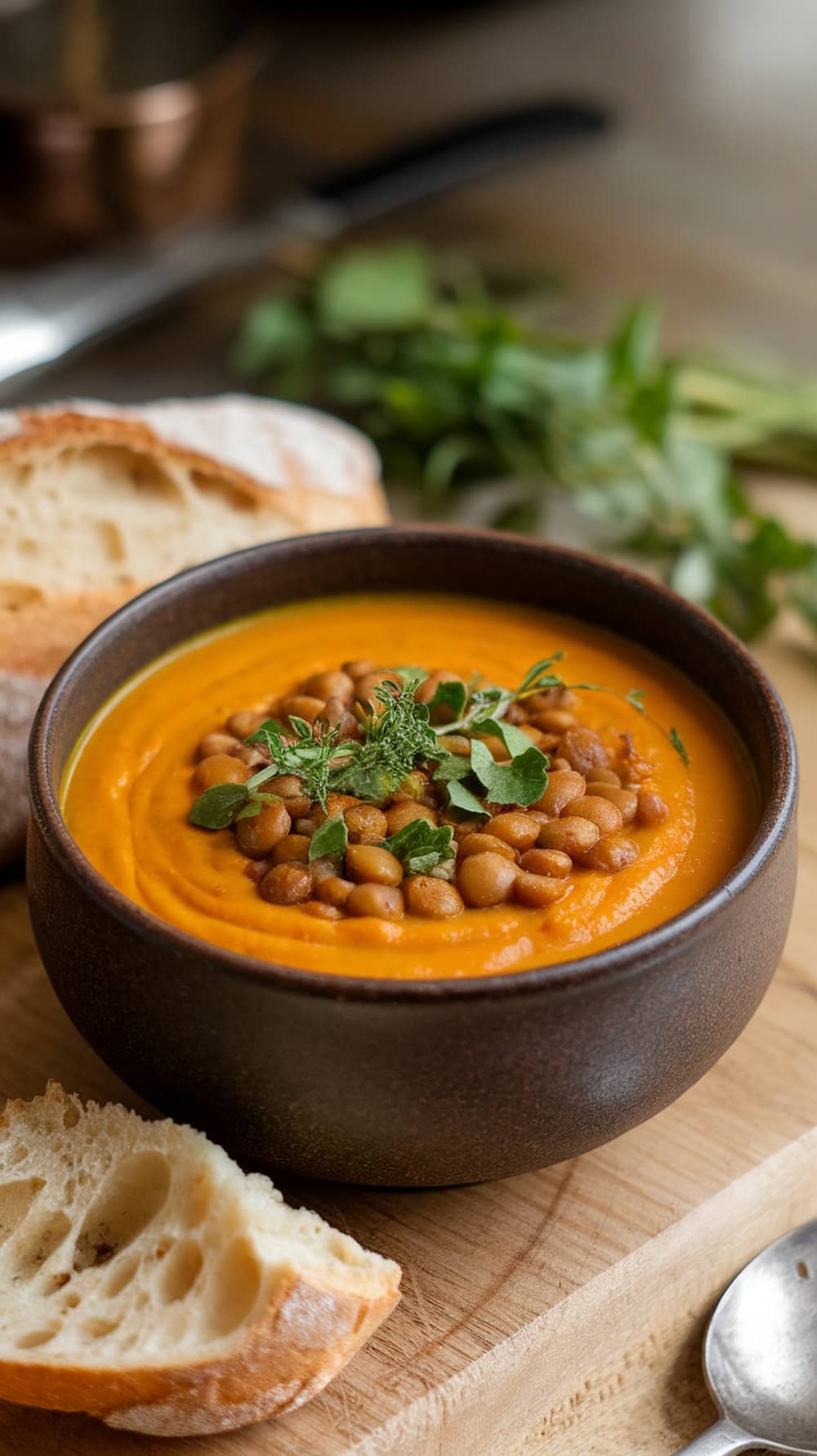 A bowl of pumpkin and lentil soup topped with lentils and herbs, with a slice of bread on the side.