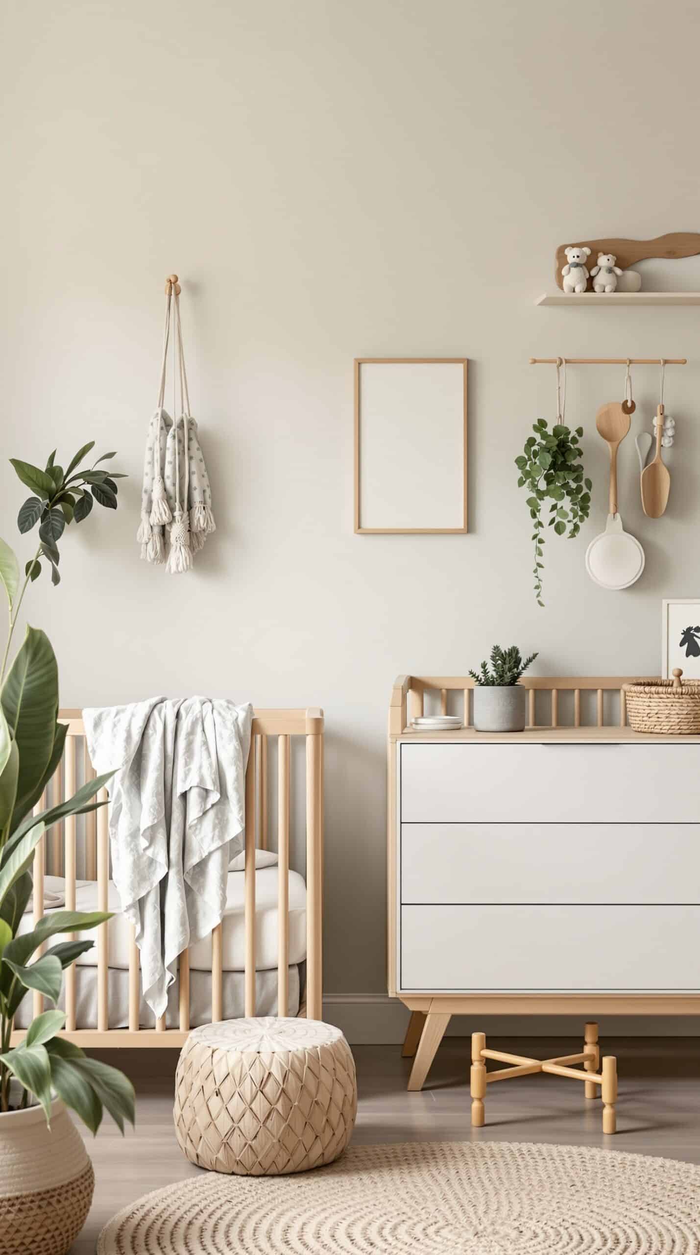 A serene boho nursery featuring natural wood elements, including a crib and dresser, with sage green accents and plants.