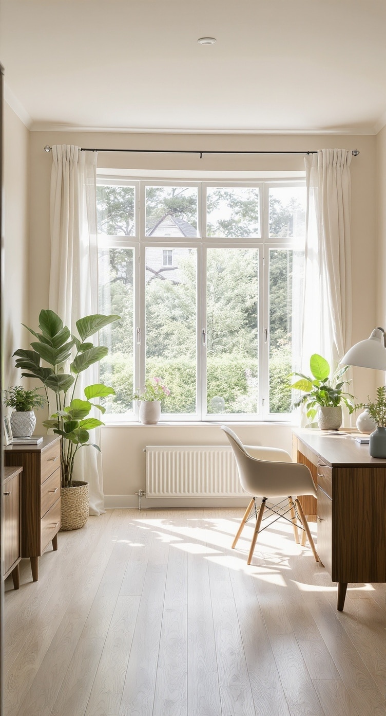 Bright home office with large windows and greige decor