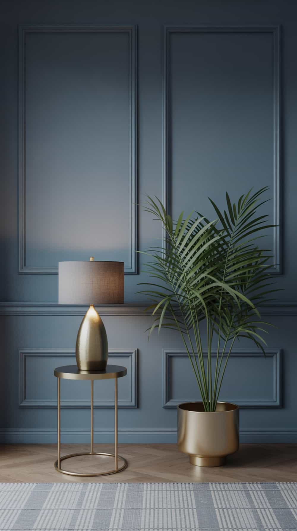A cozy corner with slate blue walls, a gold lamp, and a green plant.