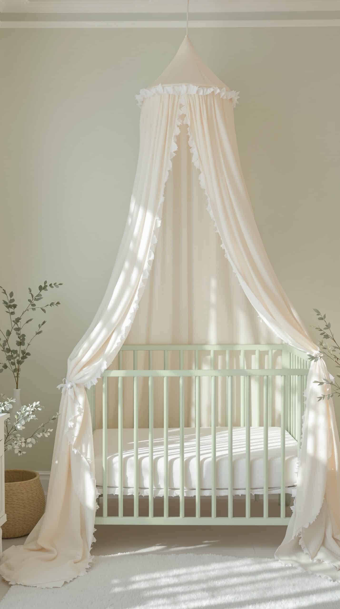 A sage green crib with a beige canopy draped over it, surrounded by soft light and greenery.