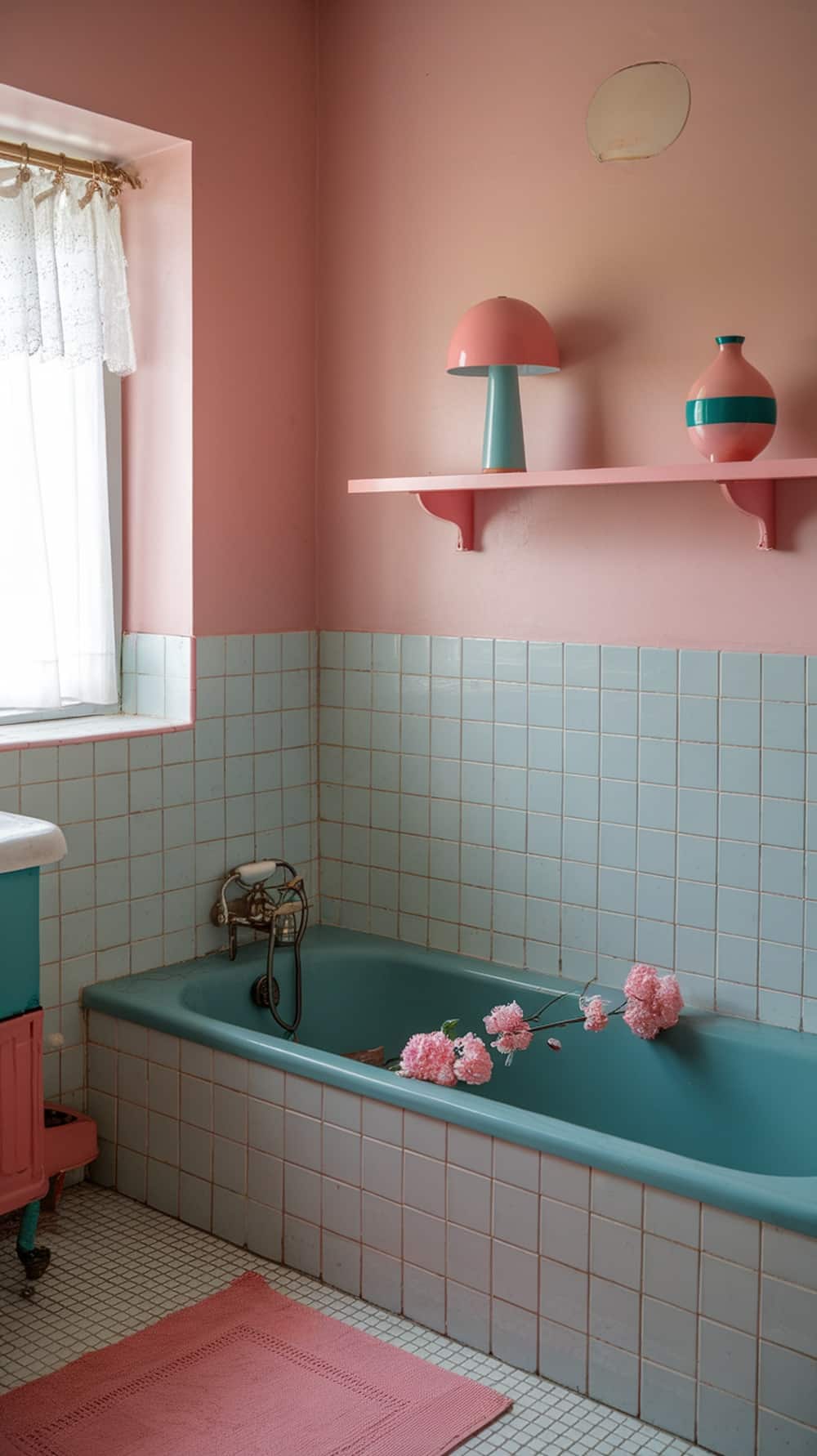 A retro bathroom featuring blush pink walls and a teal bathtub, with floral accents and vintage fixtures.