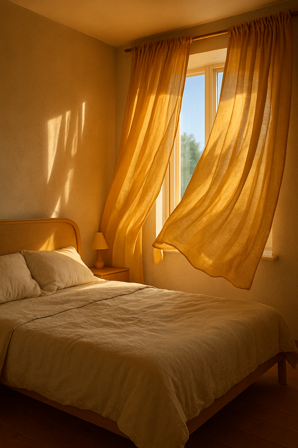A cozy bedroom with ochre yellow curtains gently blowing in the breeze, soft lighting, and neutral bedding.