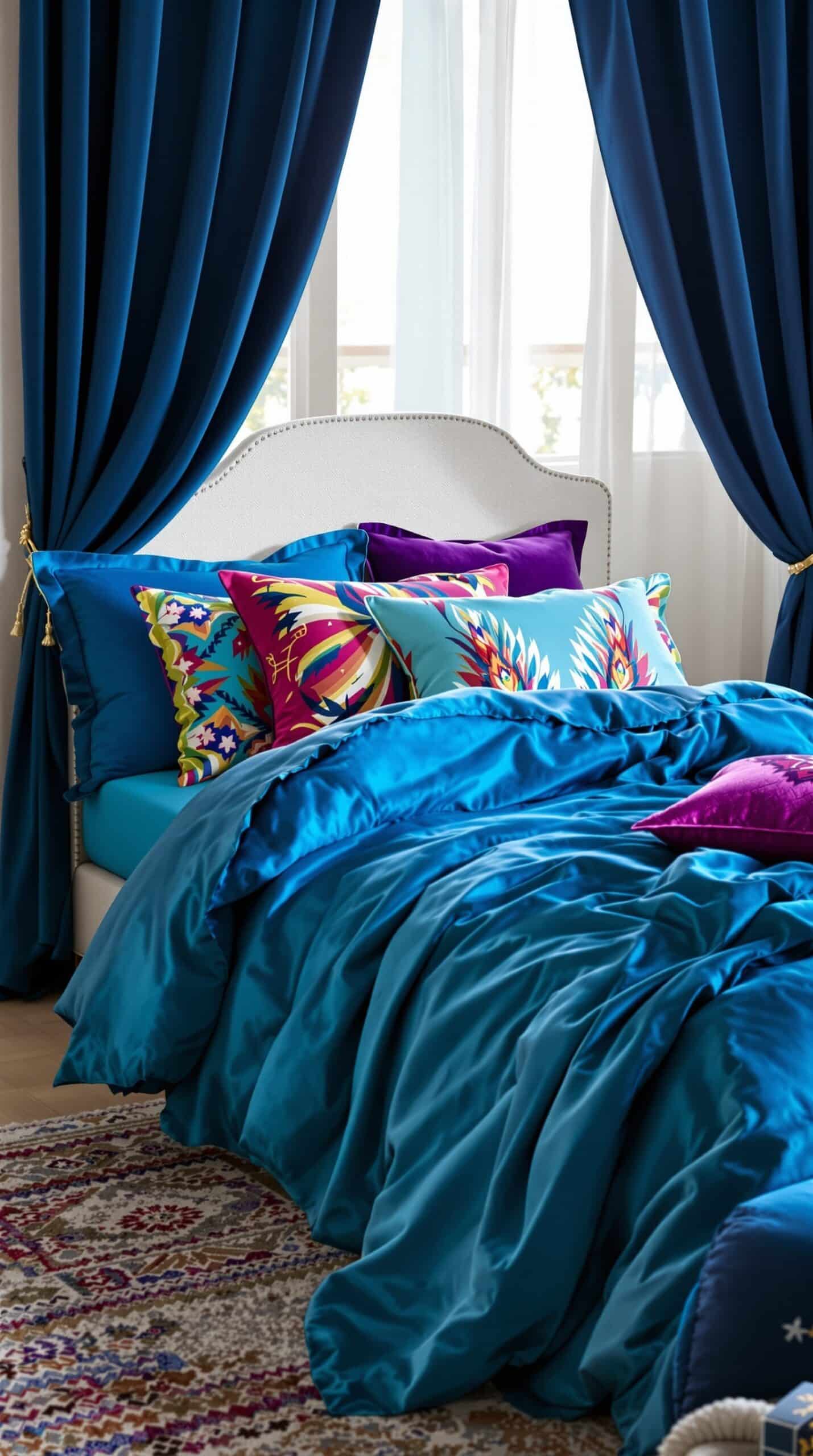 A stylish dorm room with peacock blue bedding and colorful throw pillows.