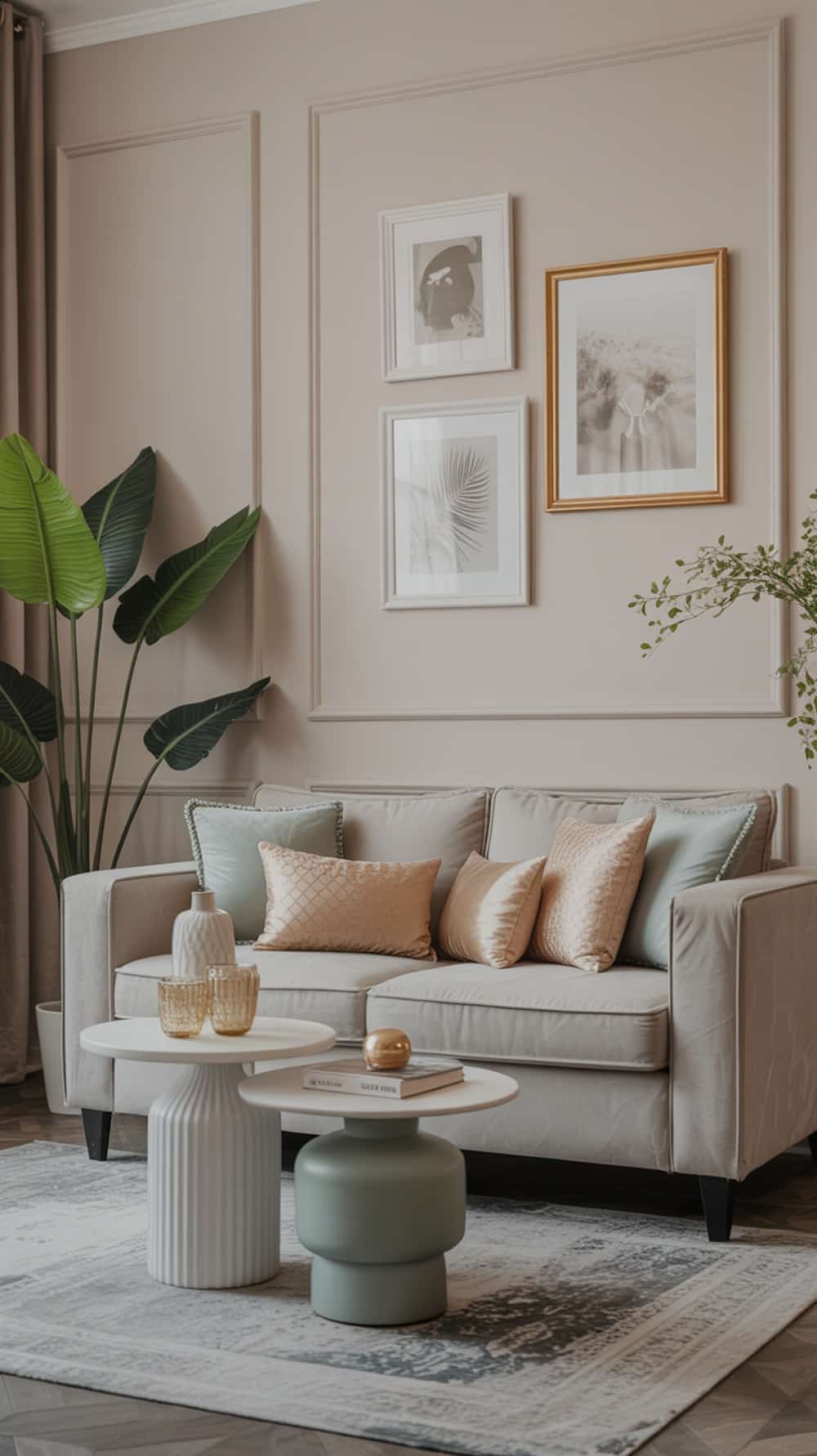 A soft mint living room featuring a beige sofa with mint and gold decorative elements.