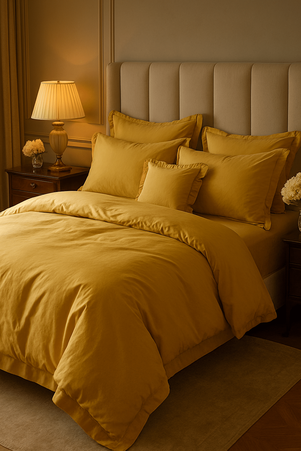 A cozy bedroom featuring ochre yellow bedding with various pillows, a bedside lamp, and flowers.