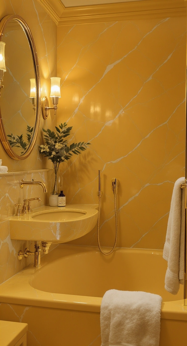 A stylish bathroom featuring mustard yellow fixtures, a round mirror, and elegant lighting.