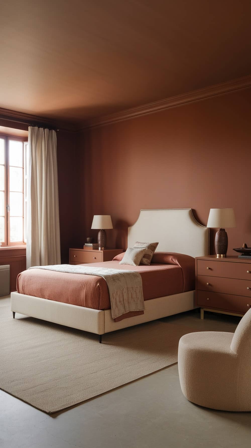 A serene bedroom featuring burnt sienna walls, a beige bed frame, and soft furnishings.