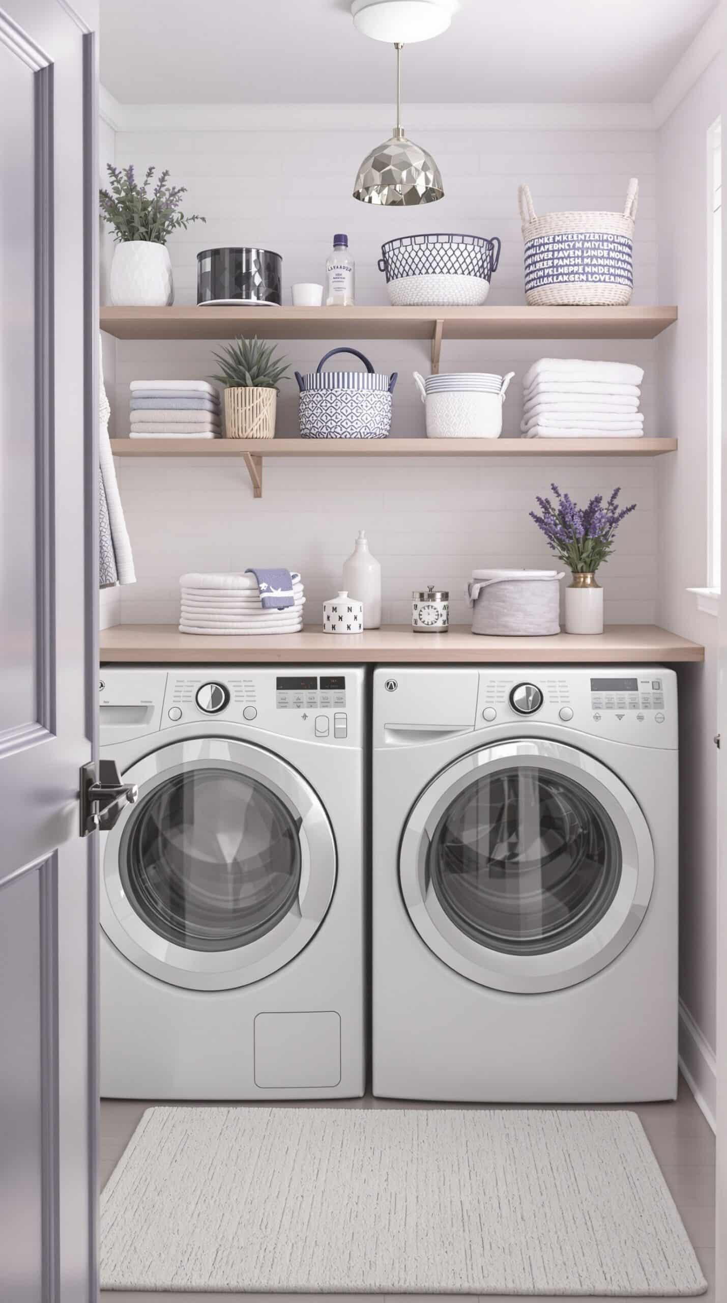 A stylish lavender-themed laundry room with stacked appliances, open shelving, and decorative plants.