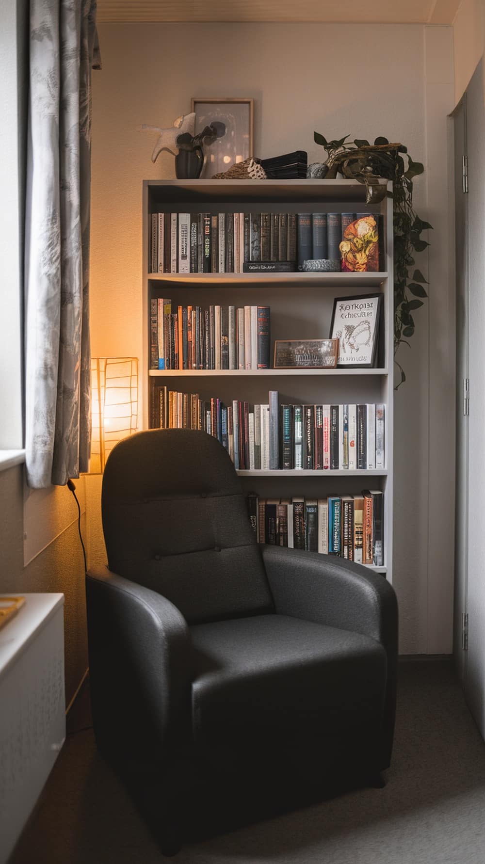 Cozy reading nook featuring a gray chair, bookshelf filled with books, and a warm lamp.