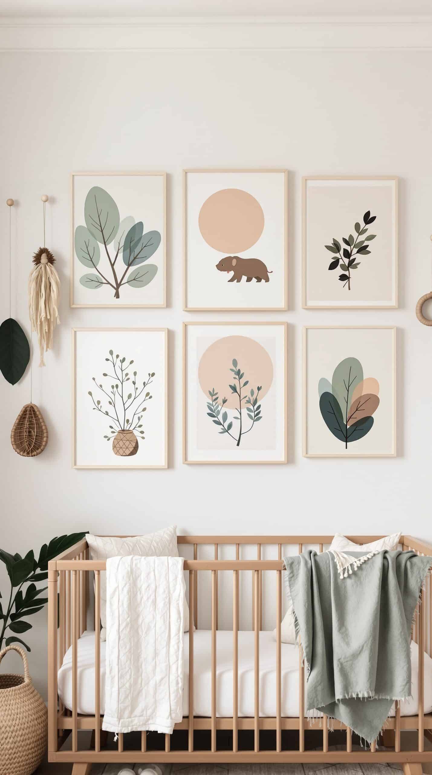 A stylish nursery wall featuring earthy wall art with framed prints of leaves and an animal, complemented by natural decor elements.