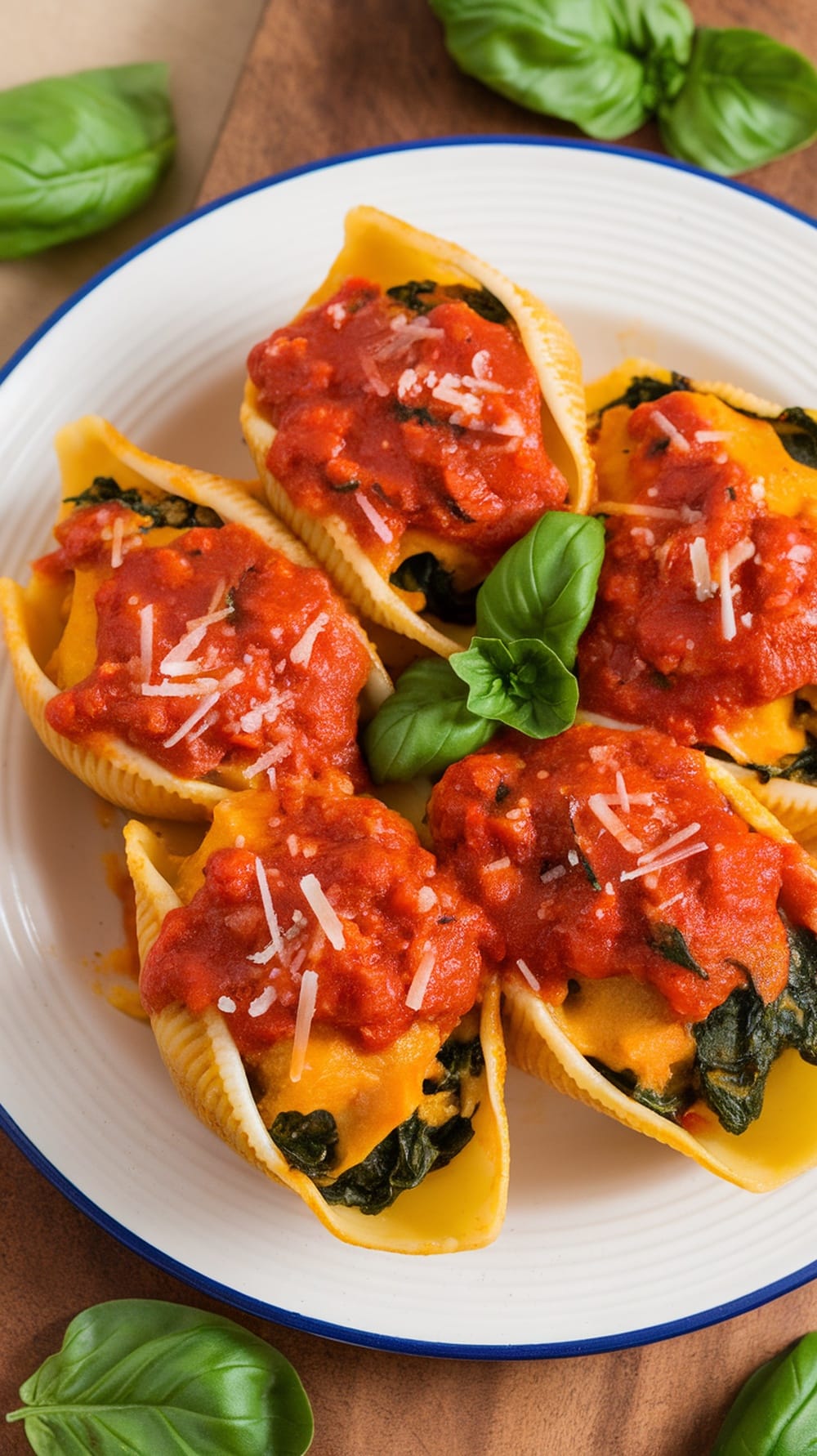 A plate of pumpkin and spinach stuffed shells topped with tomato sauce and cheese.