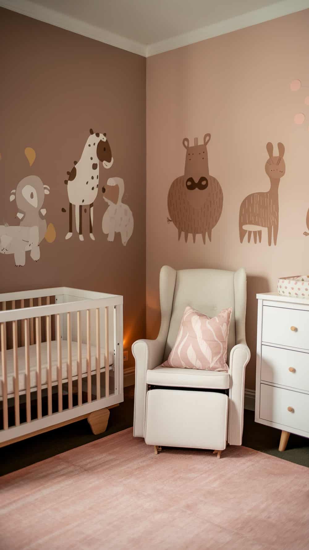 A cozy nursery with soft taupe accent walls featuring animal illustrations, a white crib, a rocking chair, and a soft rug.