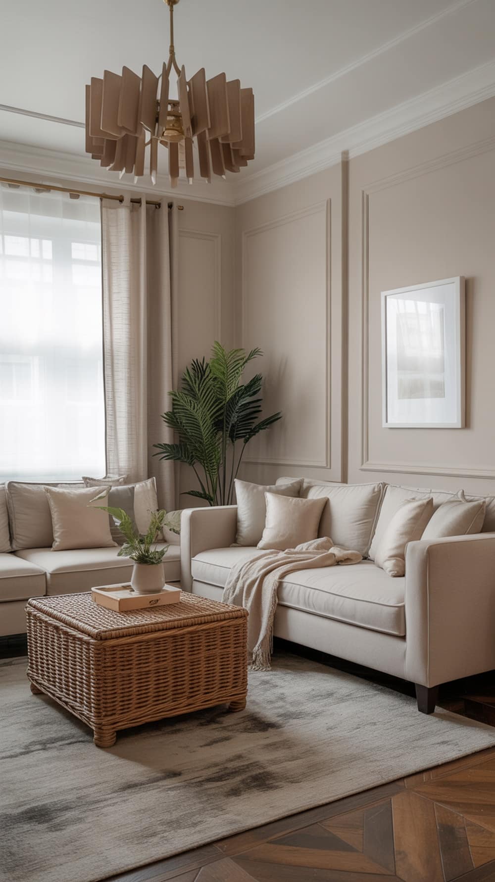 A soft mint living room with beige walls, neutral furniture, and a woven coffee table.