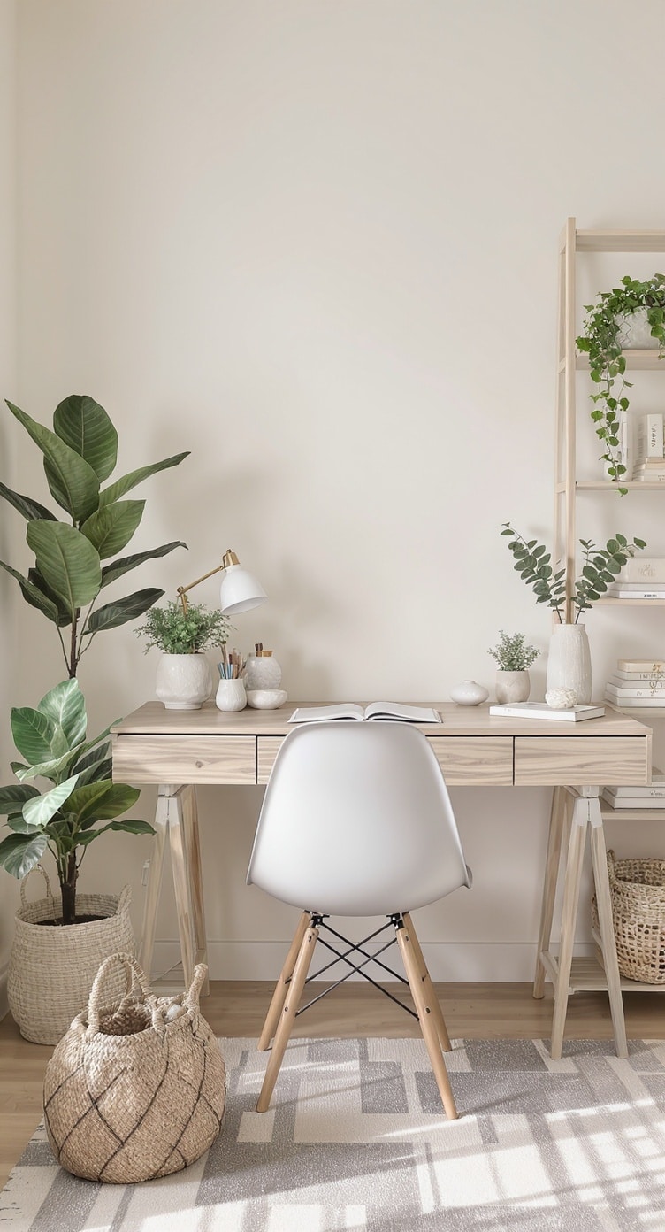 A stylish greige home office featuring a wooden desk, white chair, and various indoor plants.