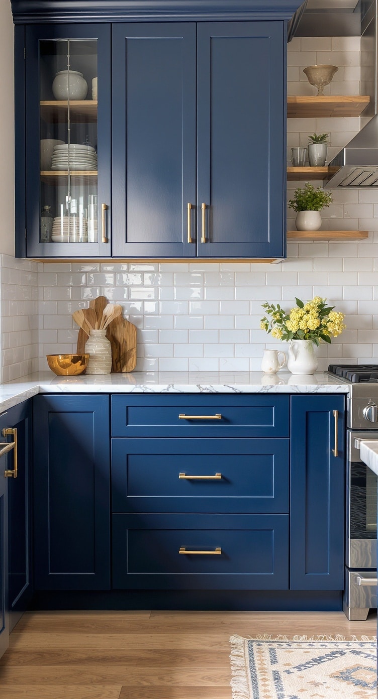 Stylish kitchen featuring indigo cabinets with gold hardware.