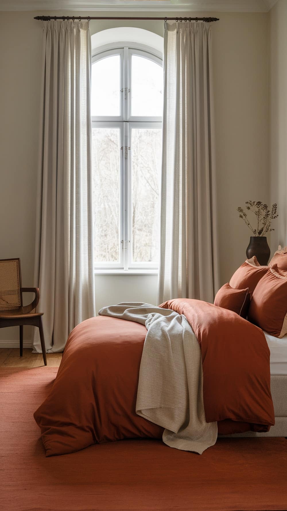 A cozy bedroom featuring burnt sienna bedding, light curtains, and a soft throw blanket.