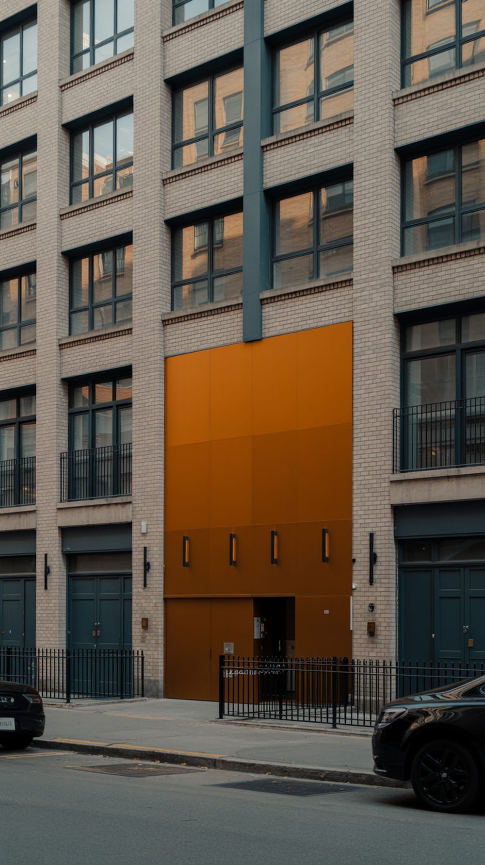 A rust orange front door on a modern building with industrial features.
