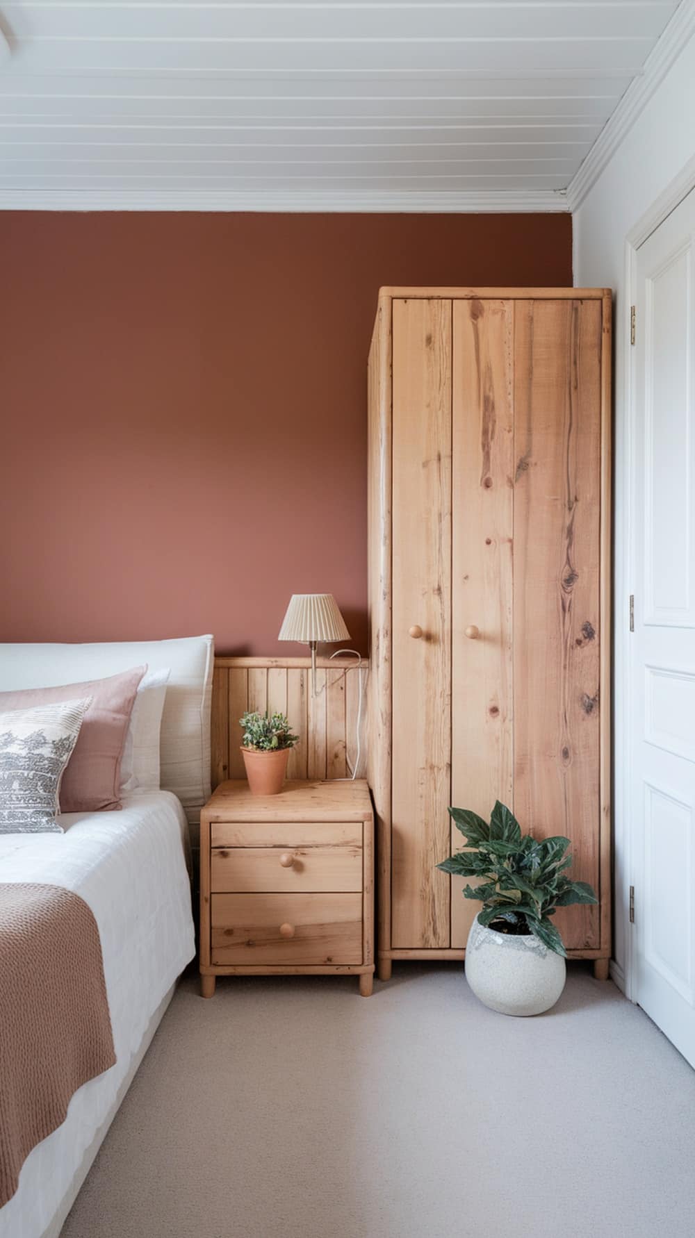 A cozy bedroom featuring burnt sienna walls and natural wood furniture.