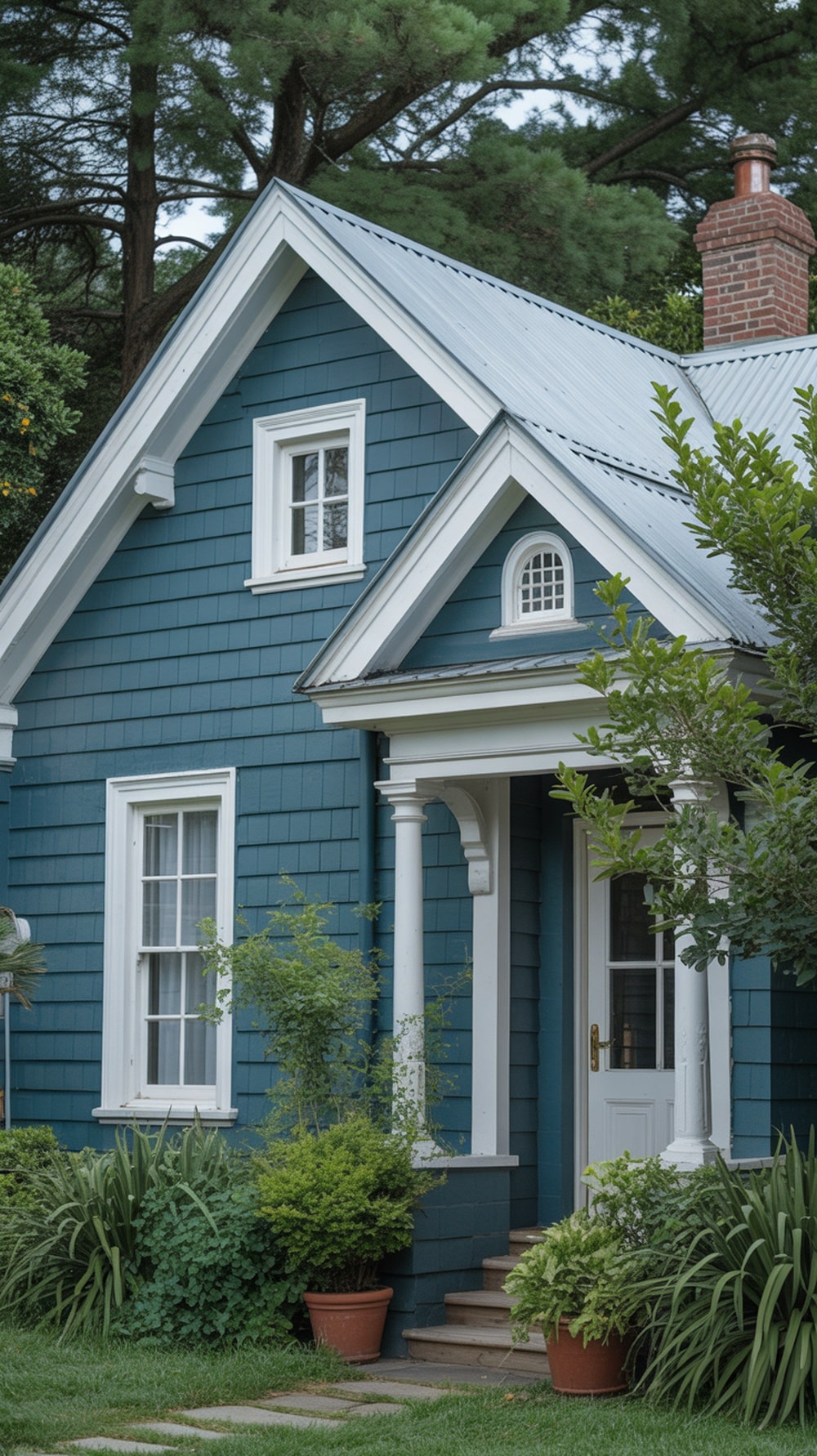 A charming house with a slate blue exterior and white trim, featuring a front porch and lush greenery.