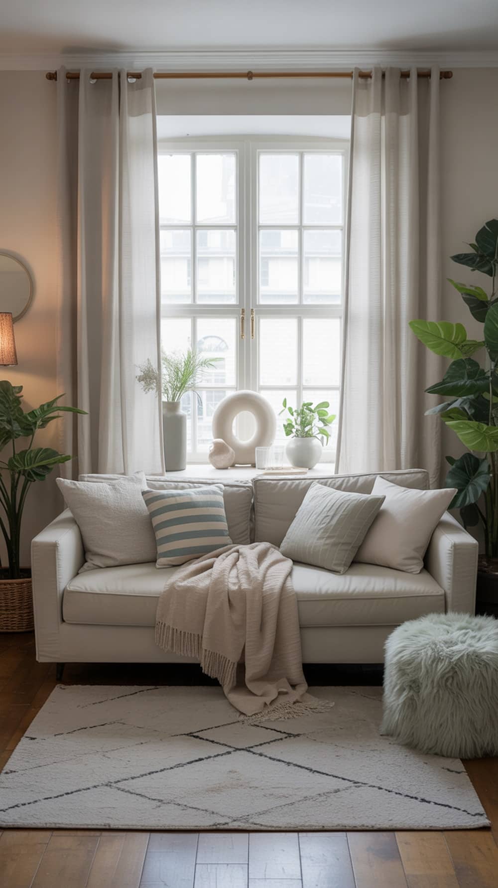 A cozy living room featuring a white sofa with layered textiles in soft mint and neutral tones, including cushions and a throw blanket, complemented by plants and natural light.