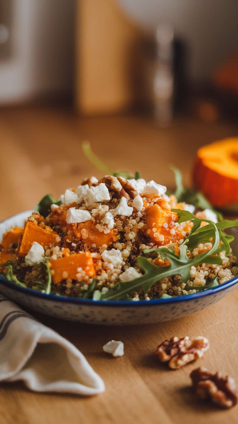A bowl of pumpkin quinoa salad topped with feta cheese and walnuts, with a slice of pumpkin in the background.