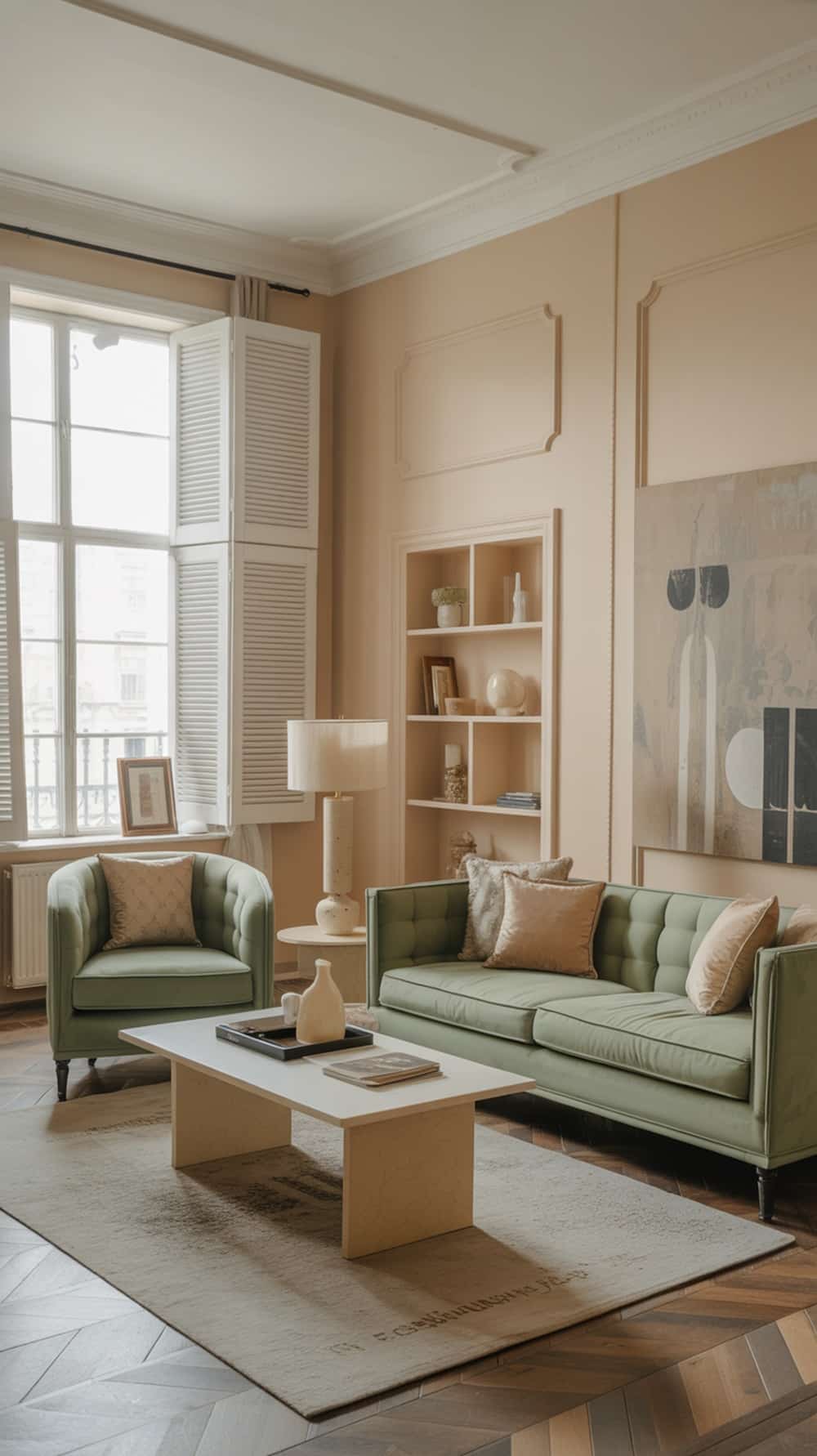 A stylish living room featuring mint green upholstered furniture, including a sofa and armchairs, with a minimalist coffee table and warm beige walls.