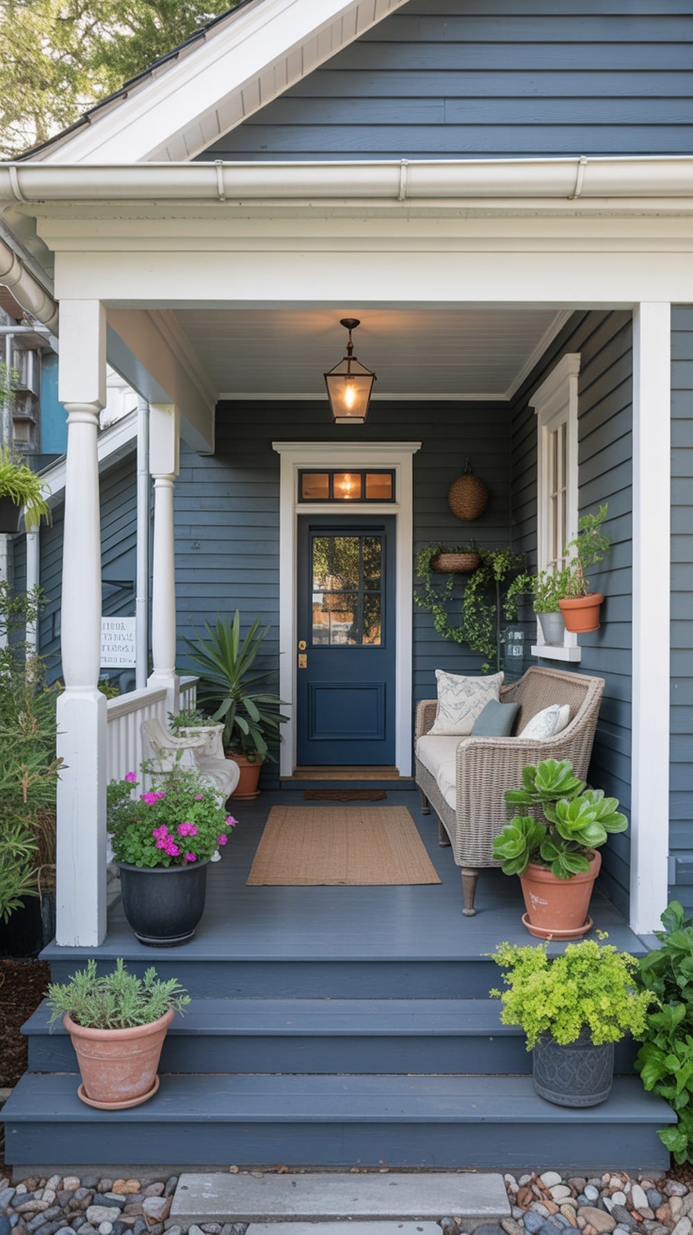A charming slate blue front porch with a cozy seating area, potted plants, and warm lighting.
