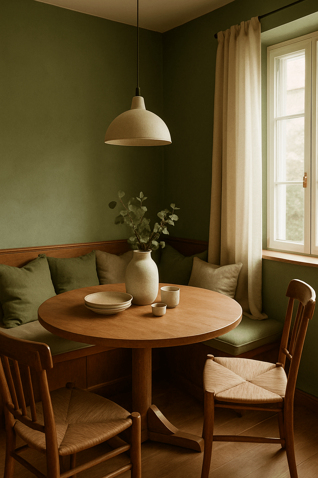 Cozy dining nook with olive green walls, soft textiles, and a wooden table