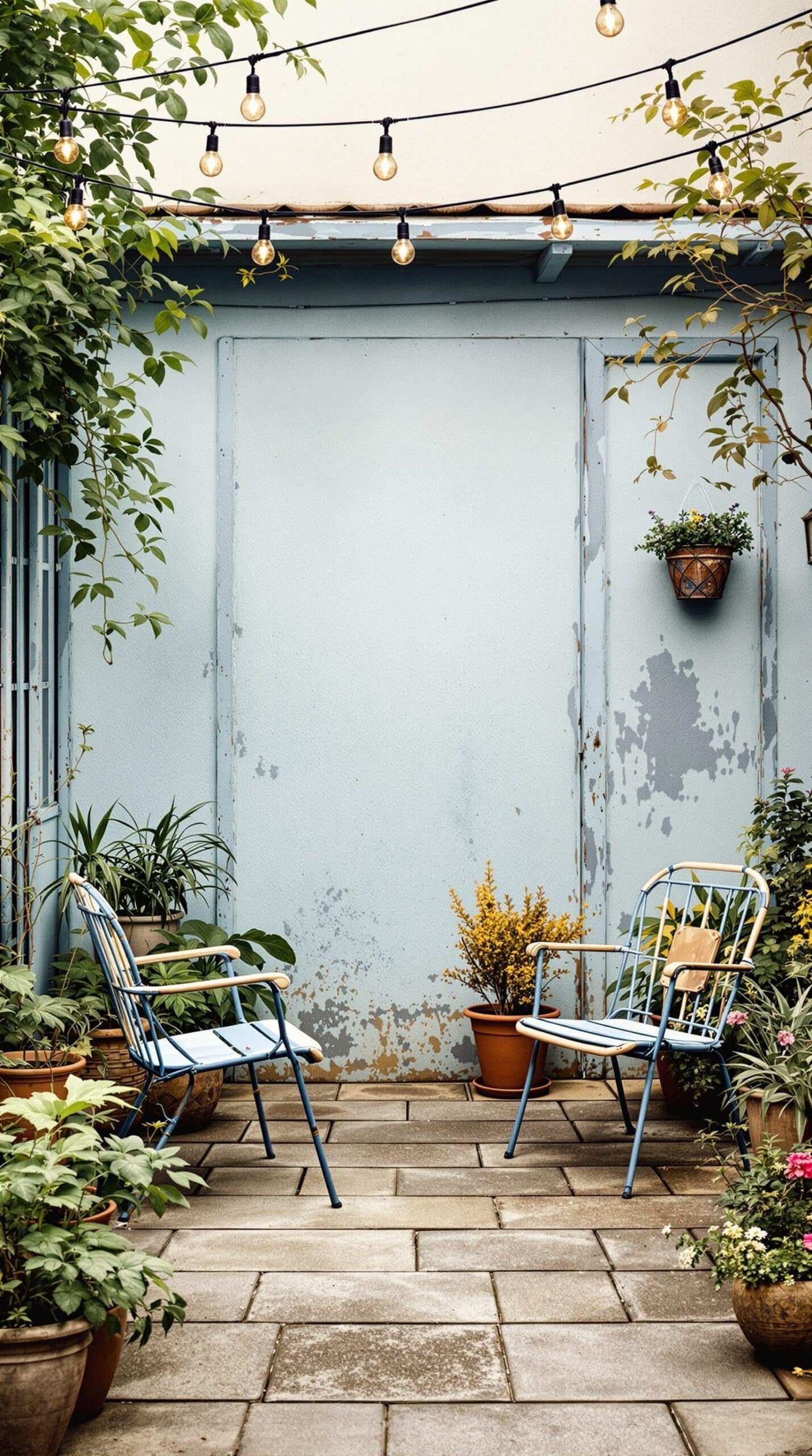 A cozy outdoor patio with dusty blue chairs, potted plants, and string lights.