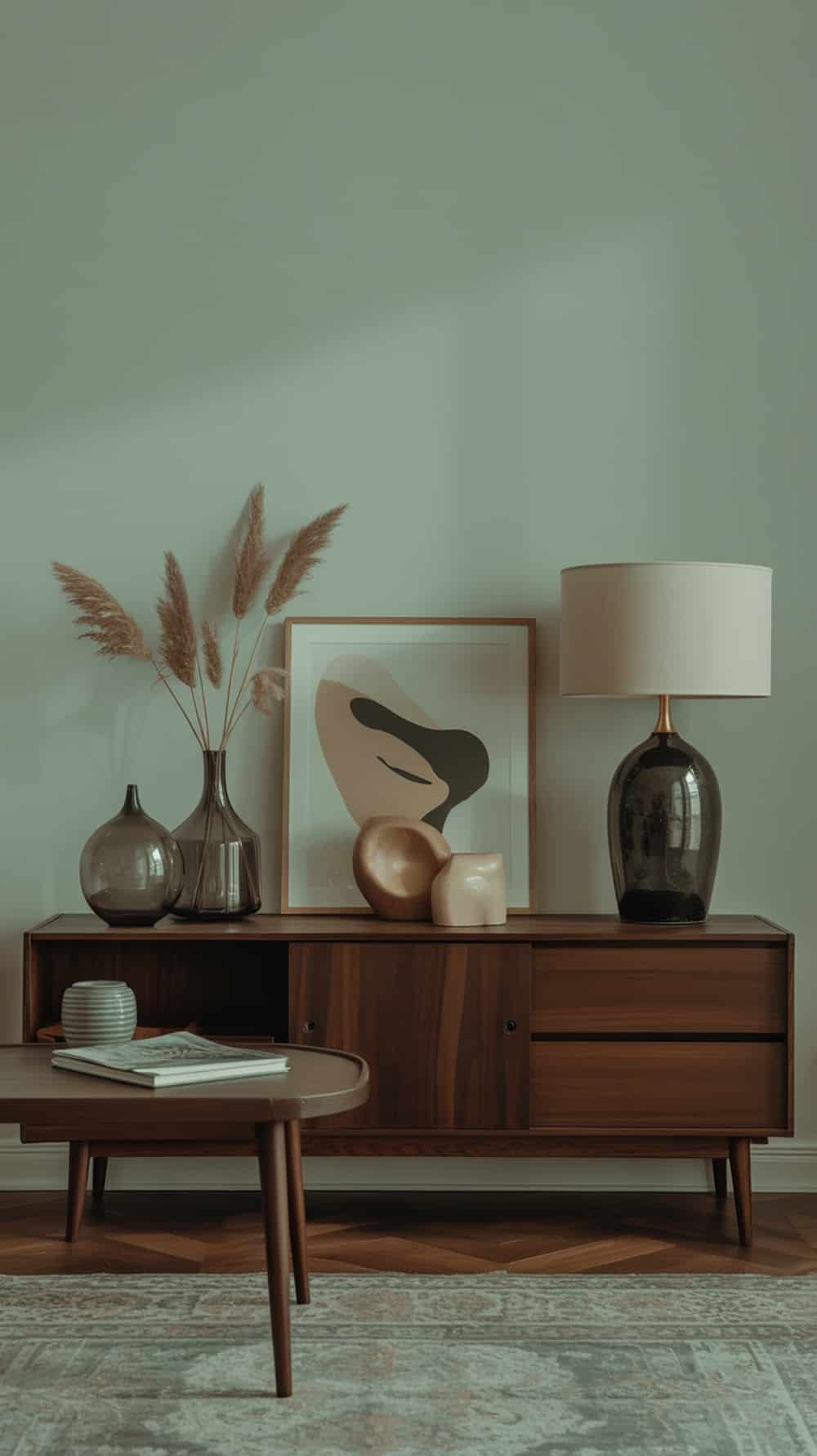 A stylish living room featuring a dark wood sideboard against soft mint walls, adorned with decorative vases and art.