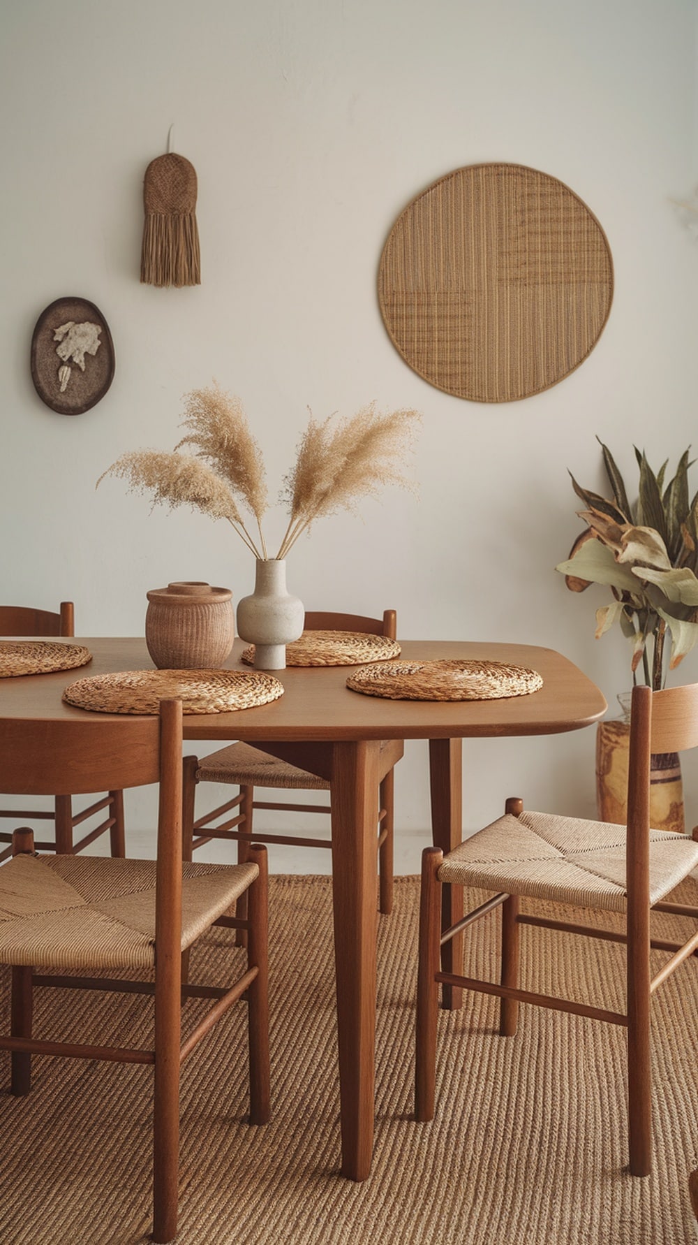 A cozy dining room featuring caramel wood furniture, earthy textures, and decorative elements.