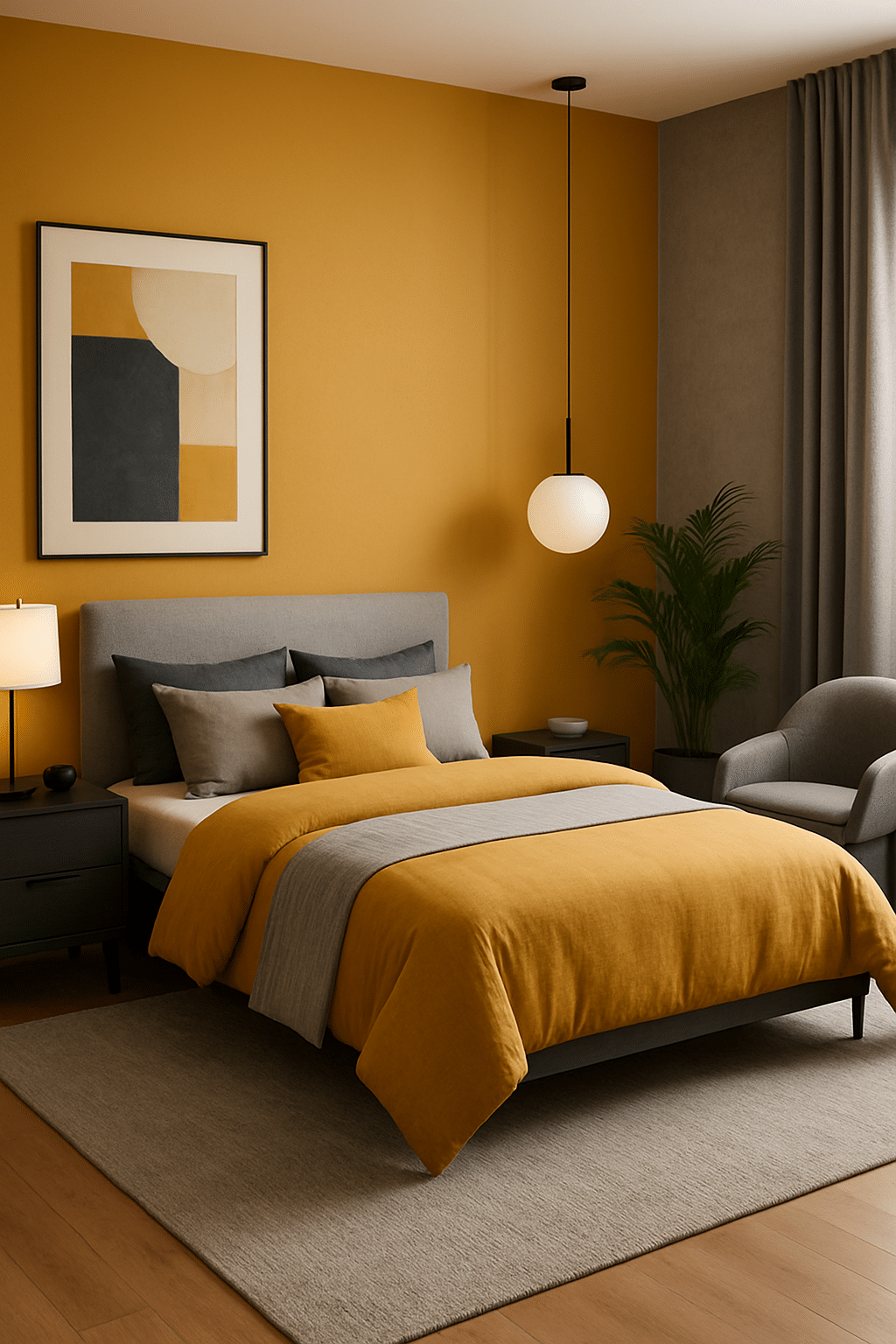 A cozy bedroom featuring ochre yellow walls and gray bedding, with modern decor elements.
