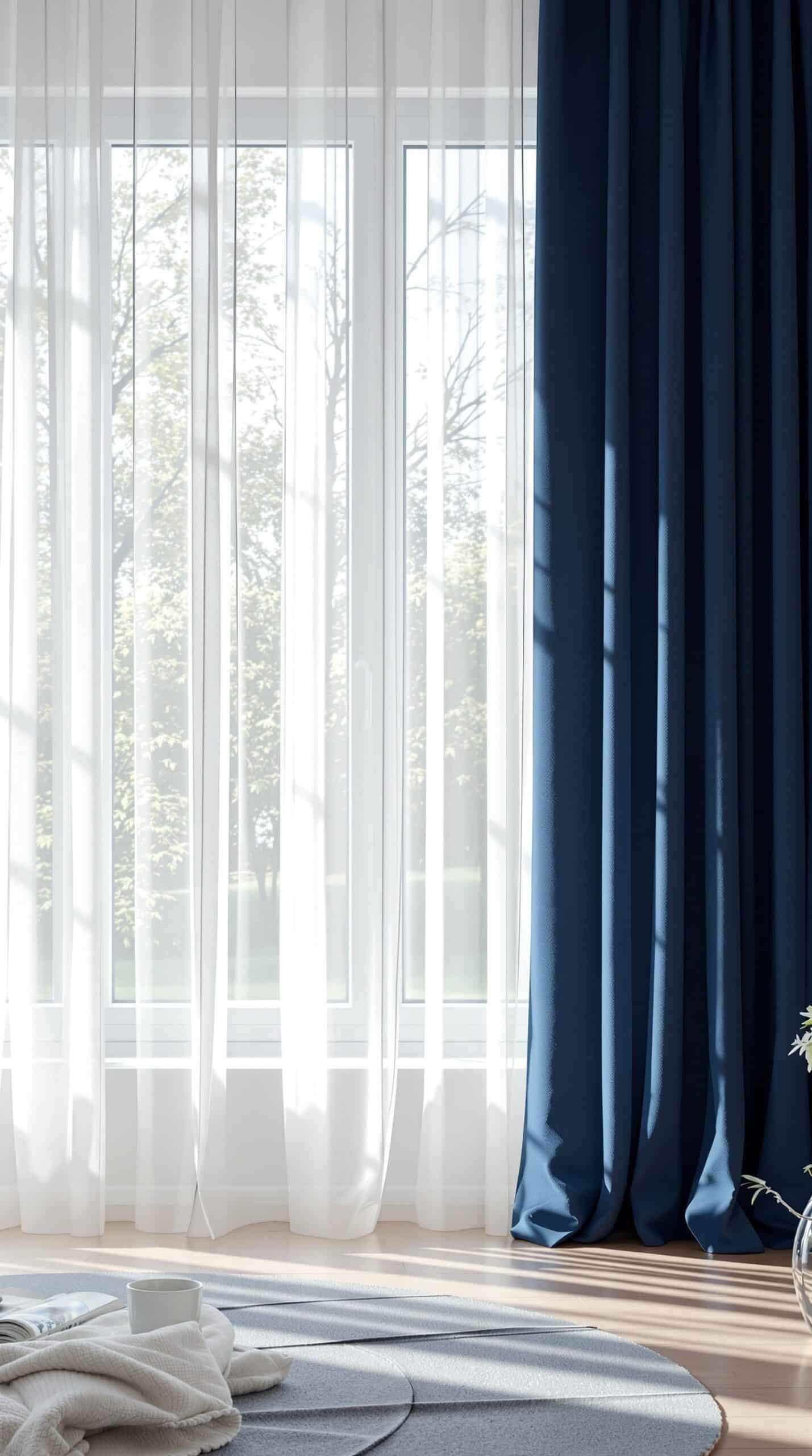 Navy blue curtains with sheer white curtains allowing natural light into a living room