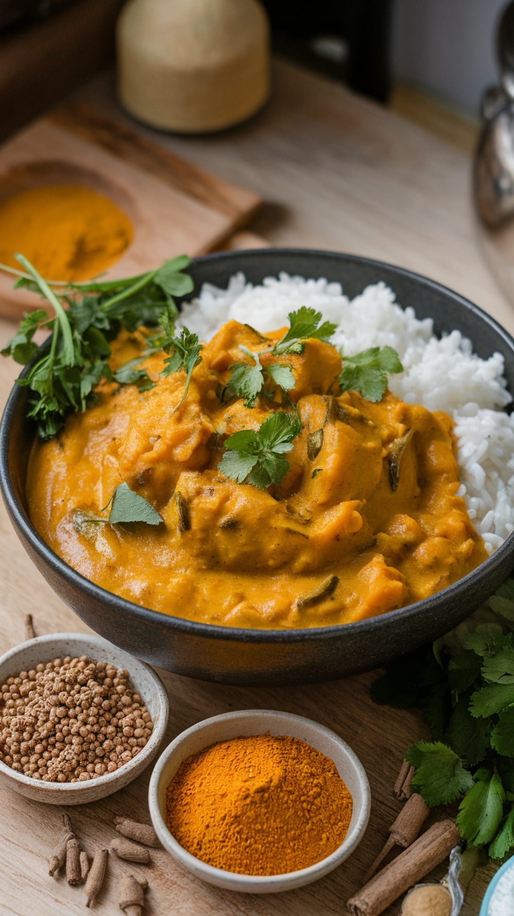 A bowl of pumpkin coconut curry with rice, garnished with cilantro, and spices on the side.