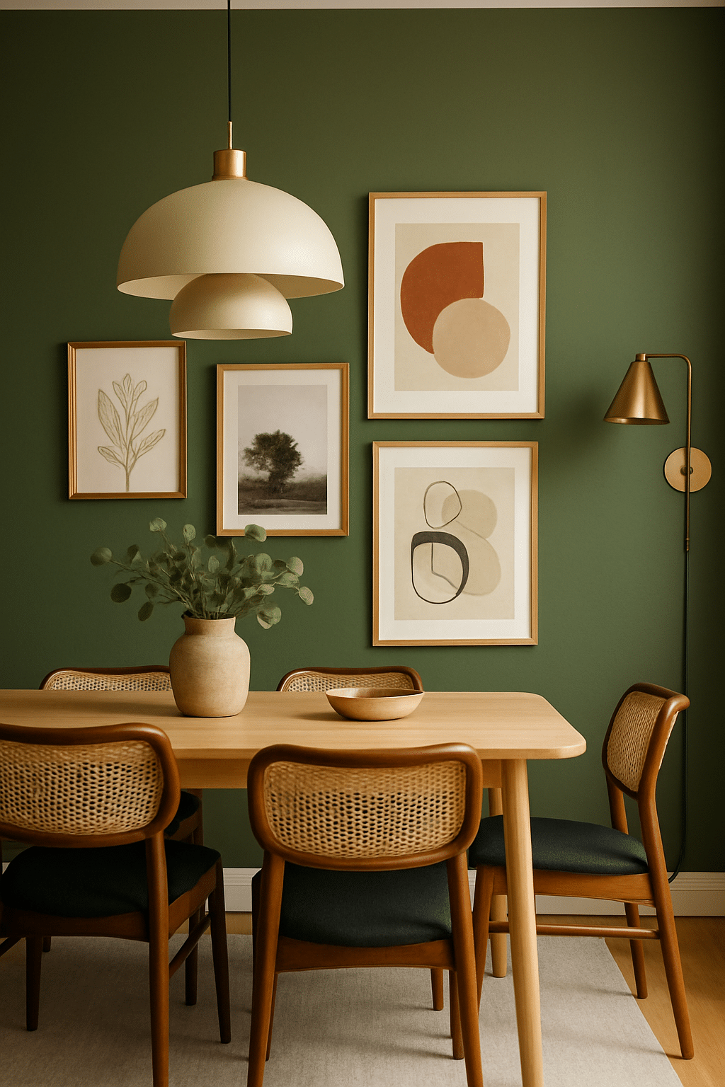 Chic dining room with olive green accent wall, modern furniture, and framed artwork