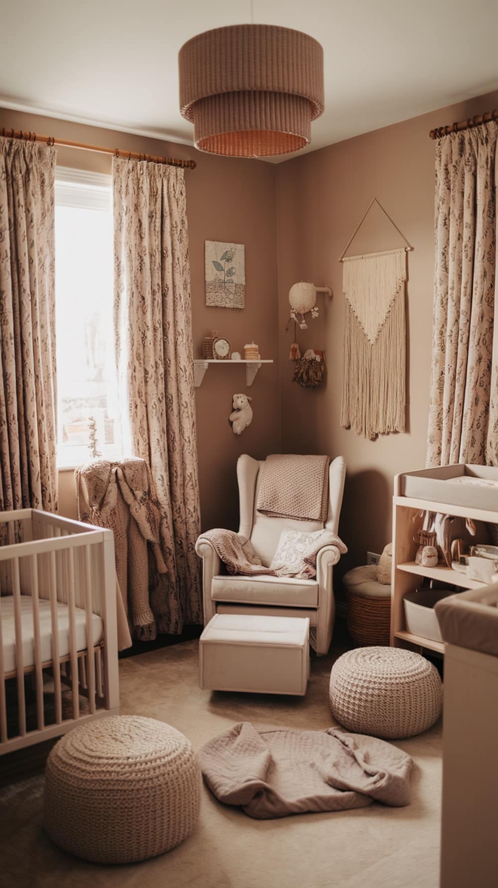A cozy mid-century taupe nursery featuring playful textiles and patterns, including floral curtains, knitted blankets, and woven decor.