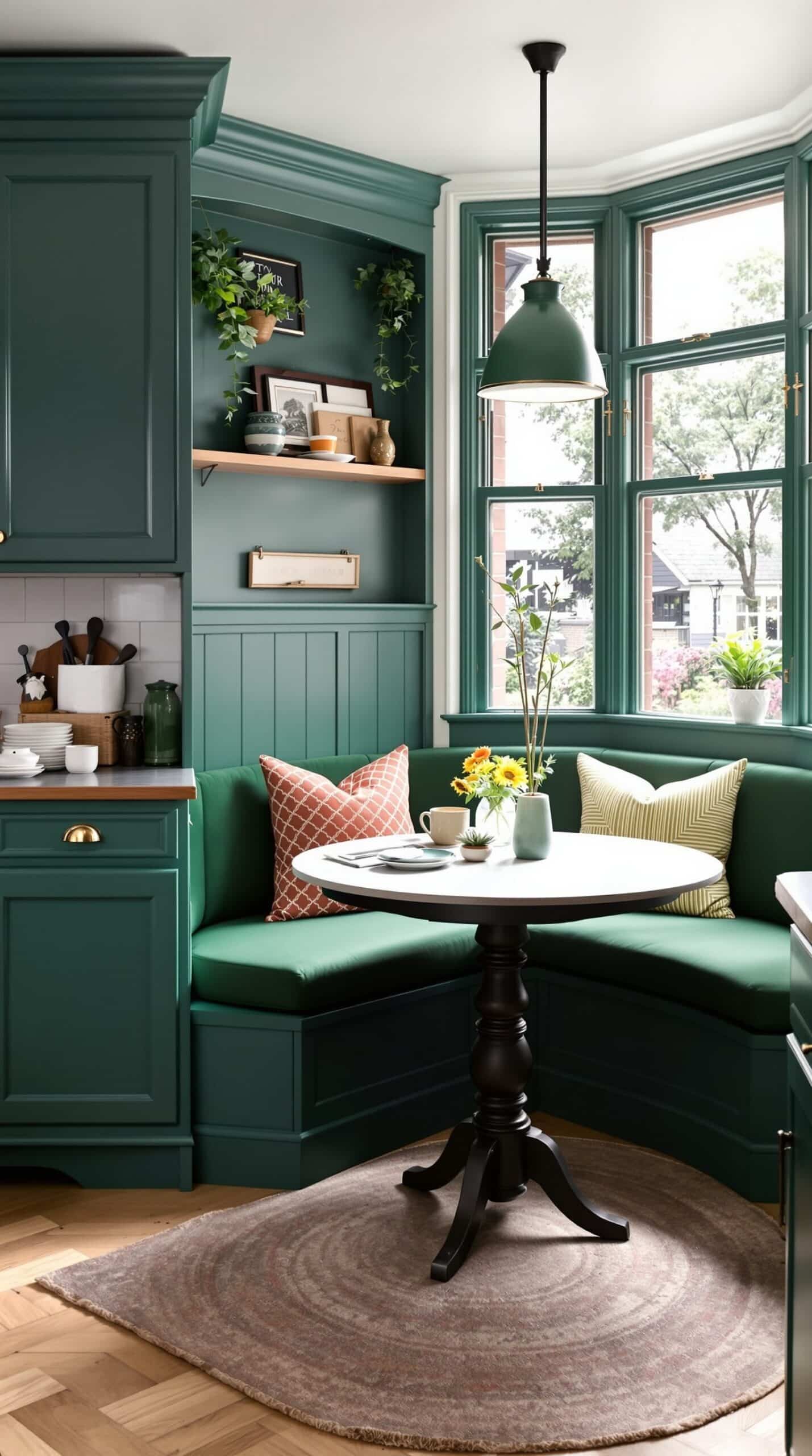 Cozy breakfast nook with emerald green cabinetry, a round table, and comfortable seating.
