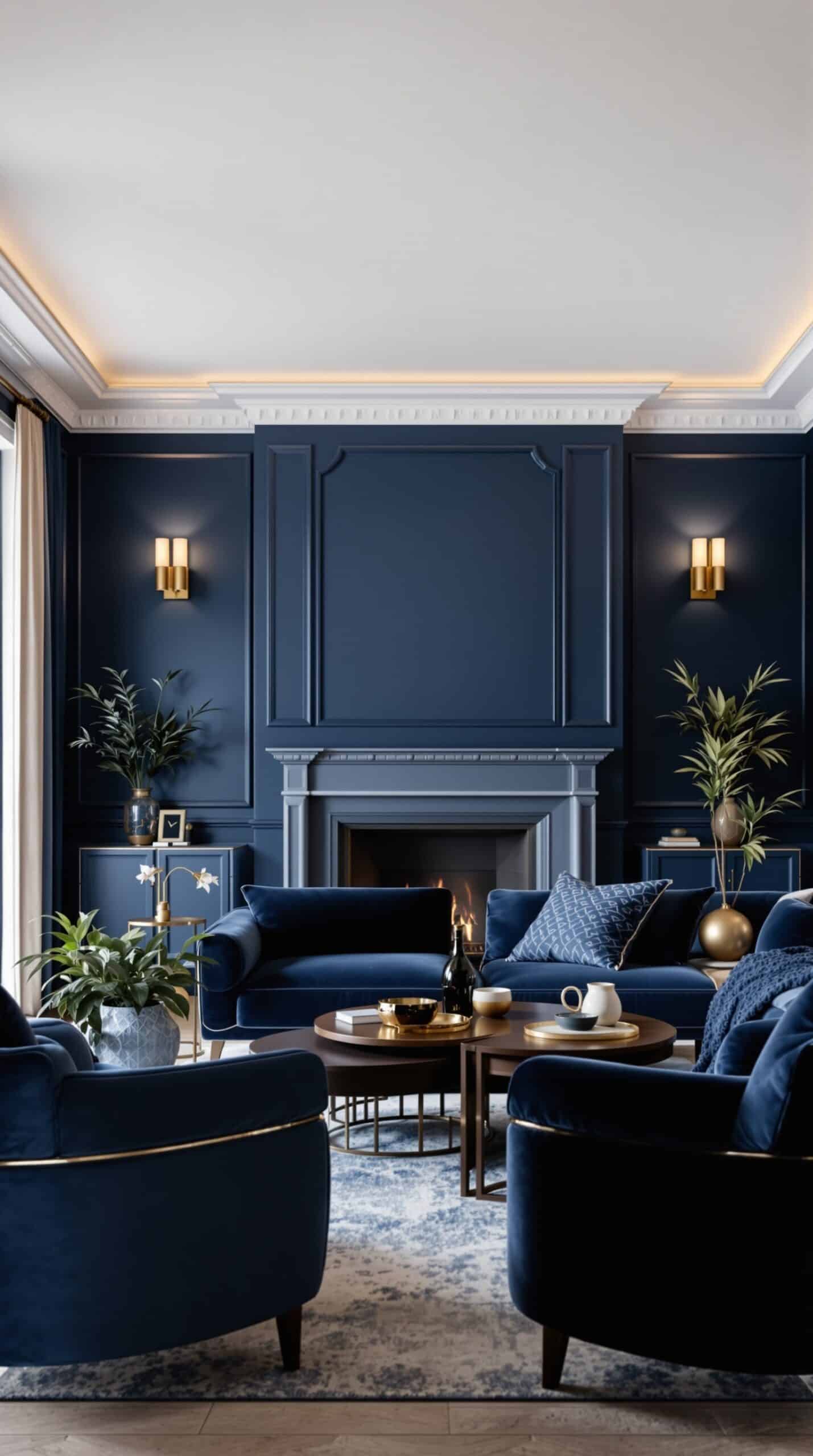 A stylish living room featuring navy blue walls, navy sofas, gold accents, and plants.