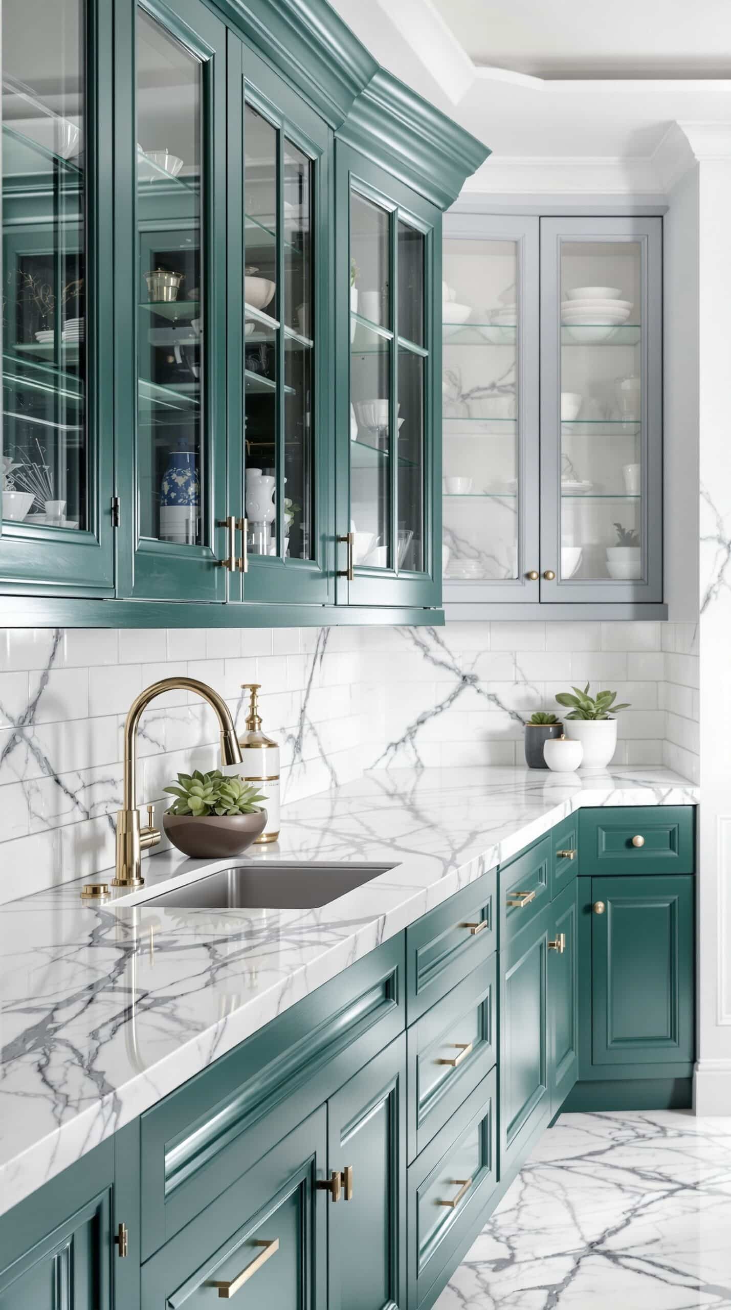 Emerald green kitchen with elegant marble countertops and gold fixtures