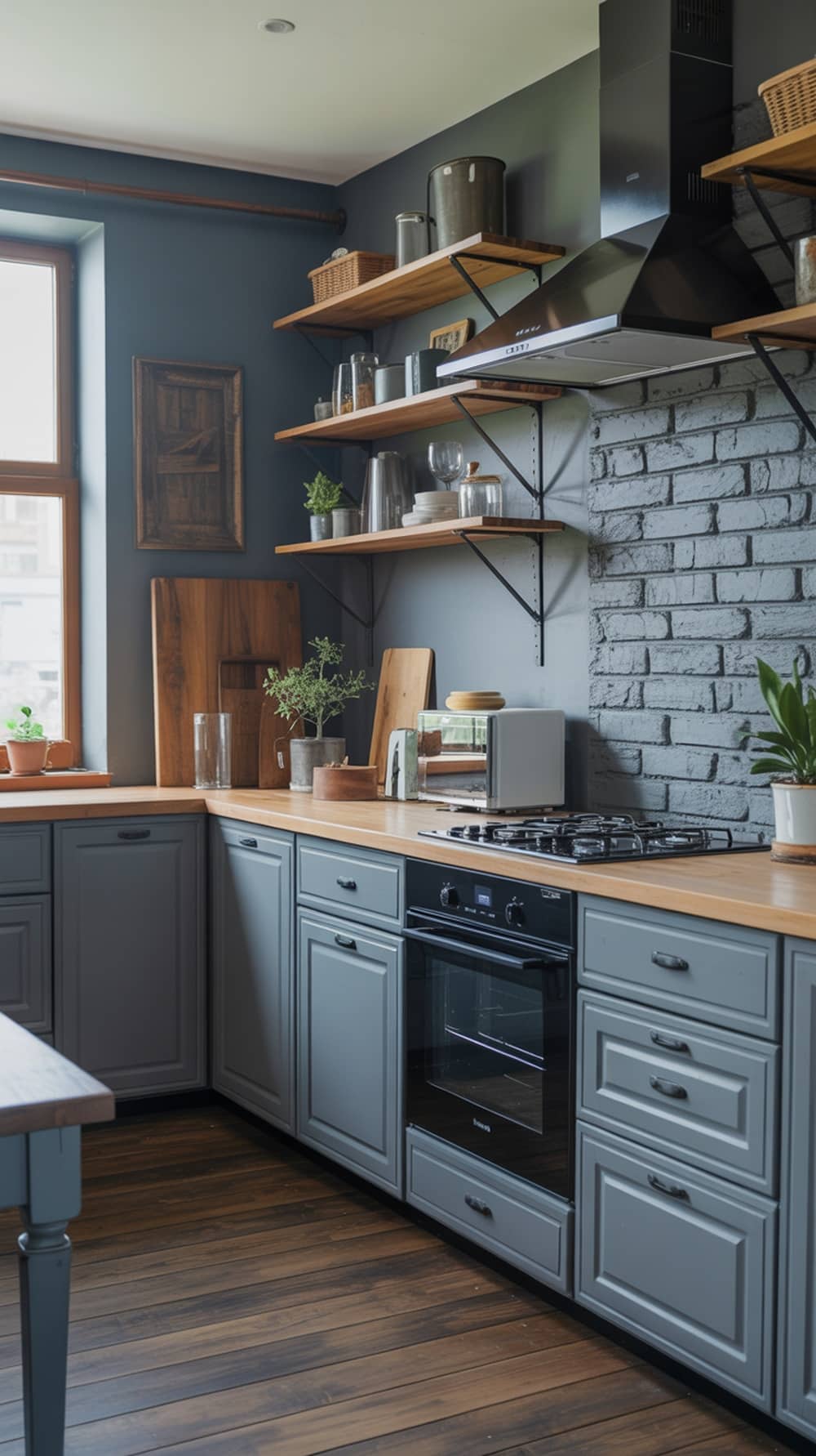 A slate blue kitchen featuring rustic wood accents, open shelving, and a cozy atmosphere.