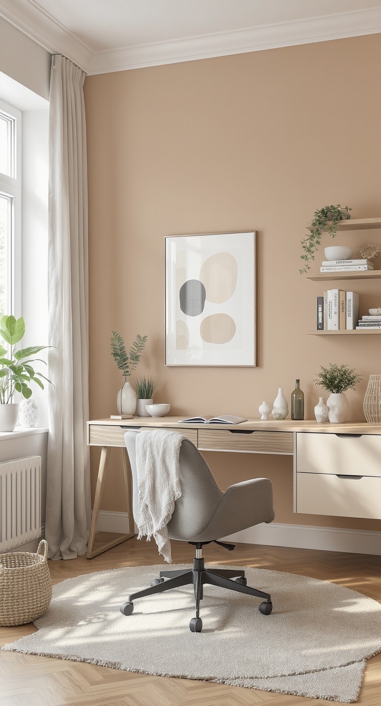 A cozy home office with warm greige accent walls, a wooden desk, and plants.