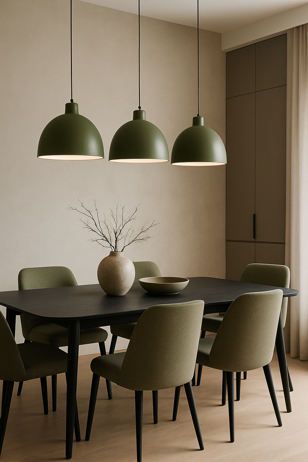 Three olive green pendant lights hanging above a modern dining table with olive green chairs.