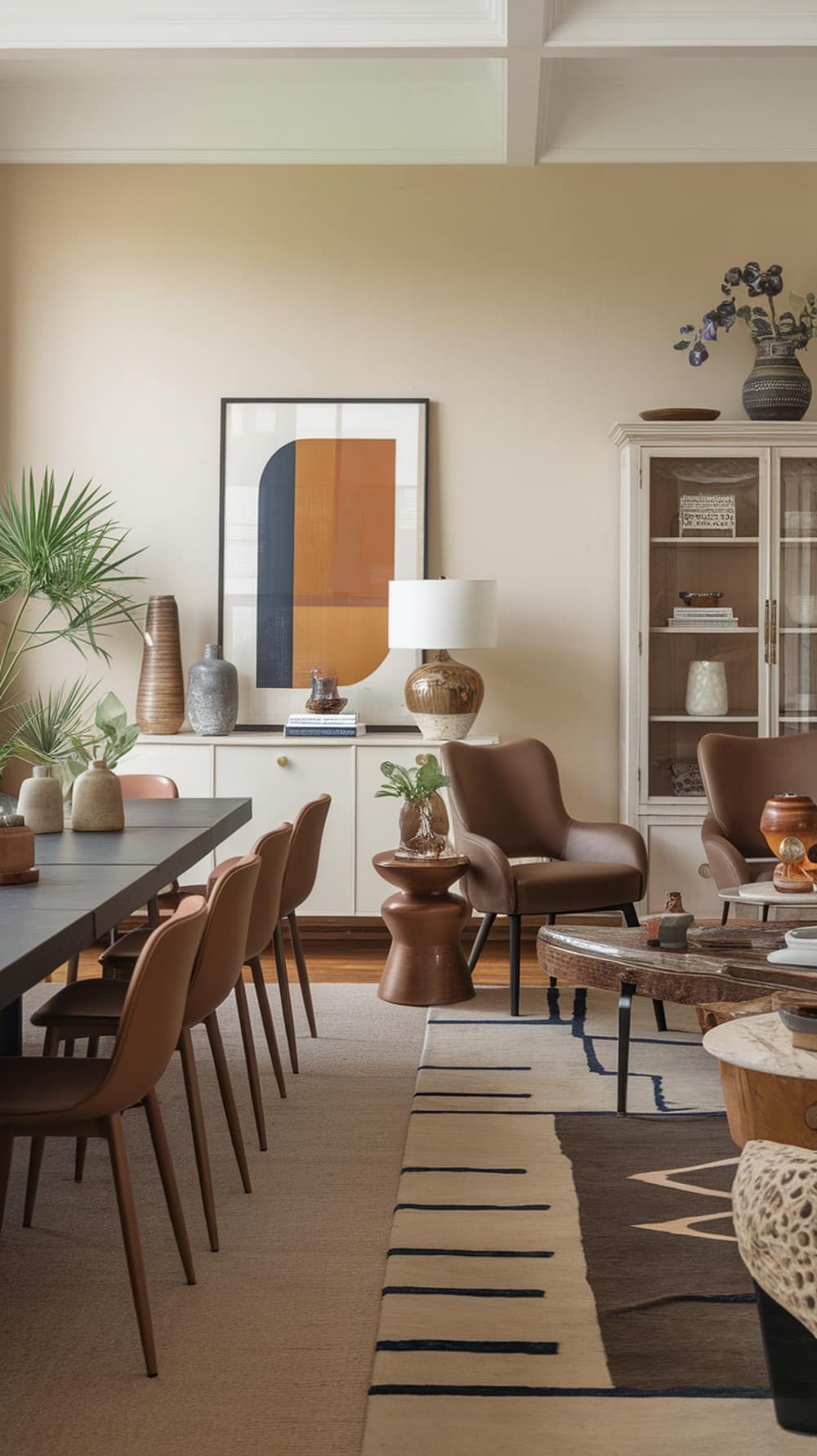 A modern dining room featuring caramel accents with eclectic decor elements, including a wooden table, stylish chairs, and decorative vases.
