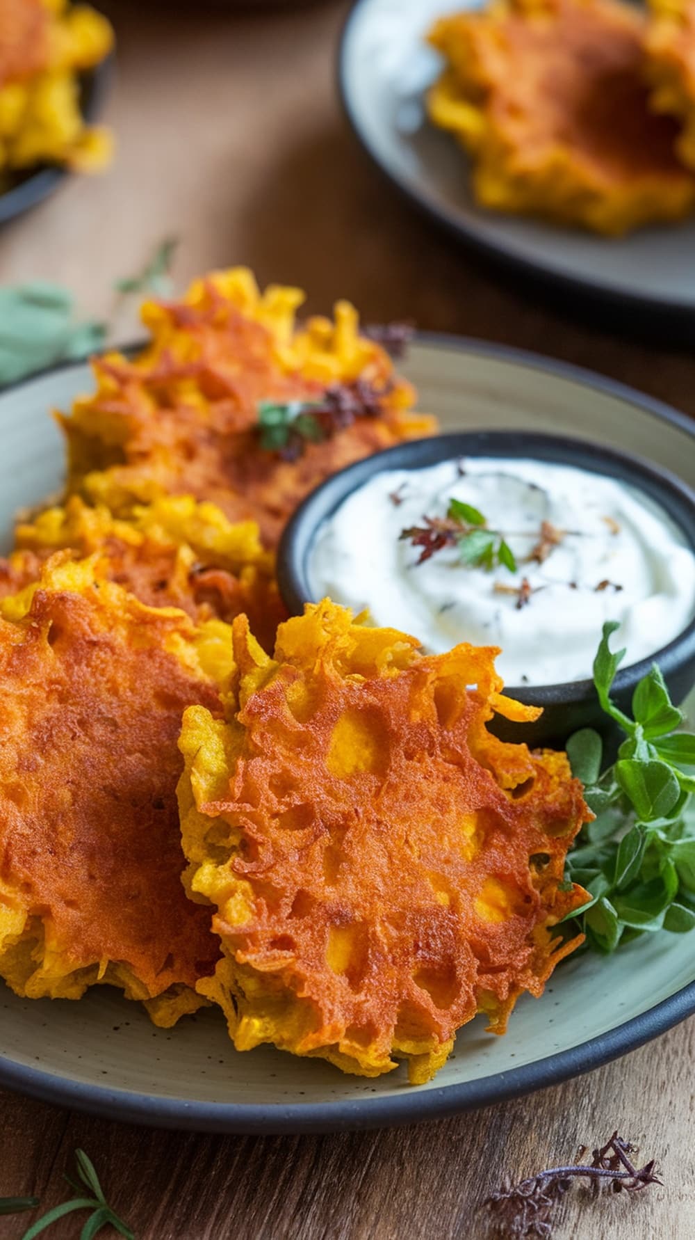 A plate of golden pumpkin fritters with a creamy yogurt dip, garnished with herbs.
