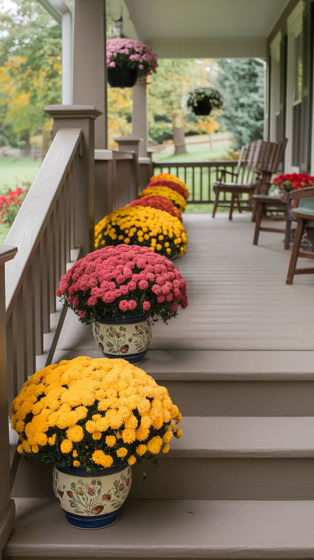 Colorful mums in planters on a front porch.