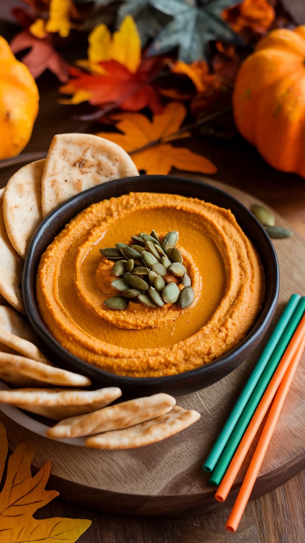 A bowl of pumpkin spice hummus topped with pumpkin seeds, surrounded by pita chips and autumn leaves.