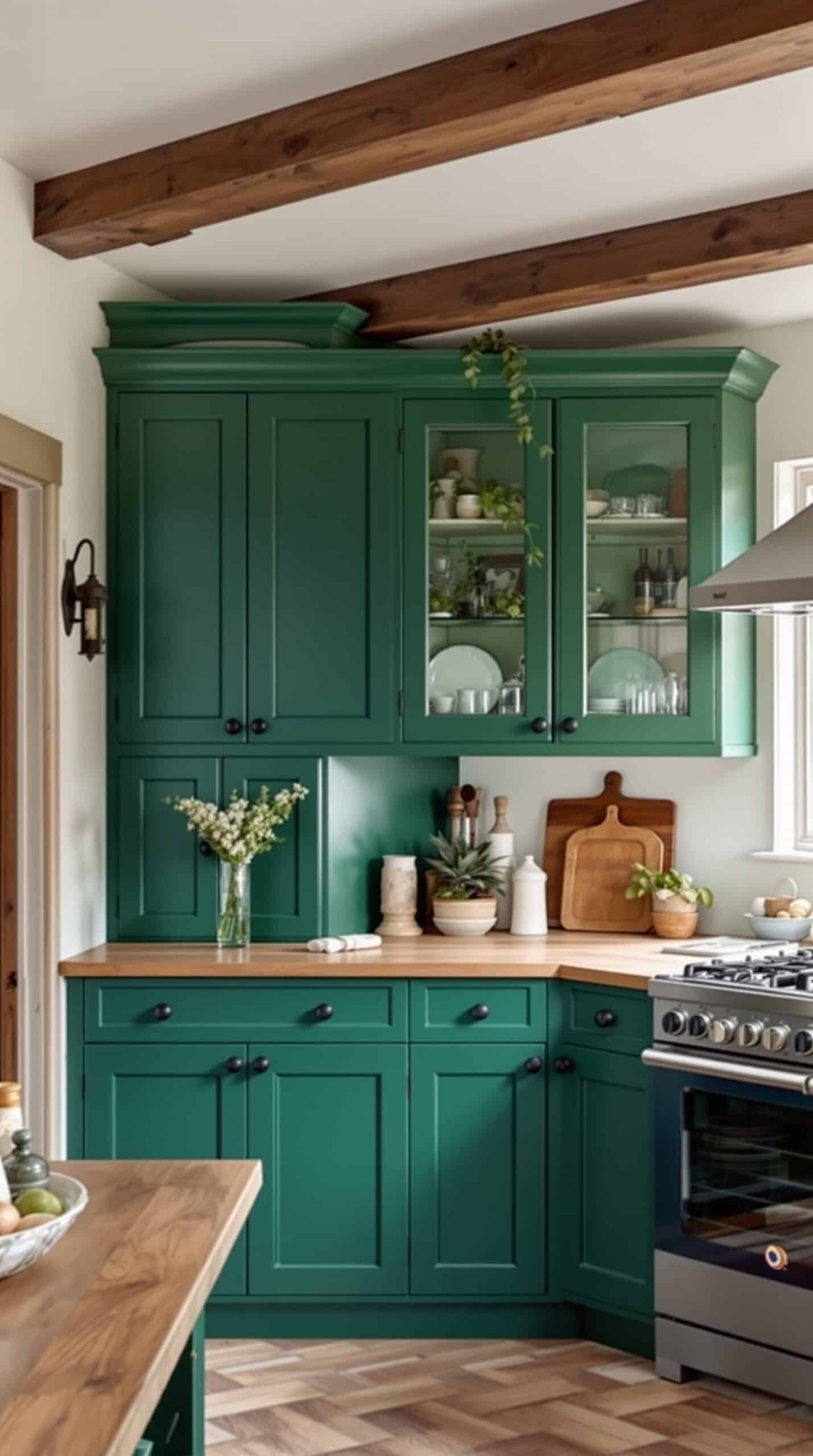 A farmhouse-style kitchen featuring emerald green cabinetry, wooden countertops, and decorative plants.