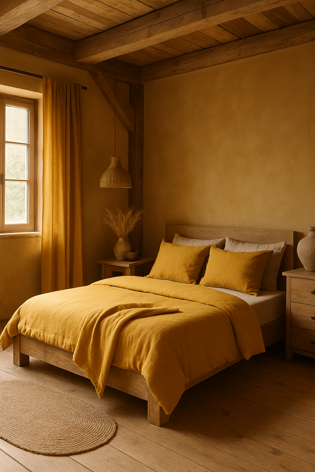 A cozy bedroom featuring ochre yellow bedding, wooden furniture, and warm natural accents.