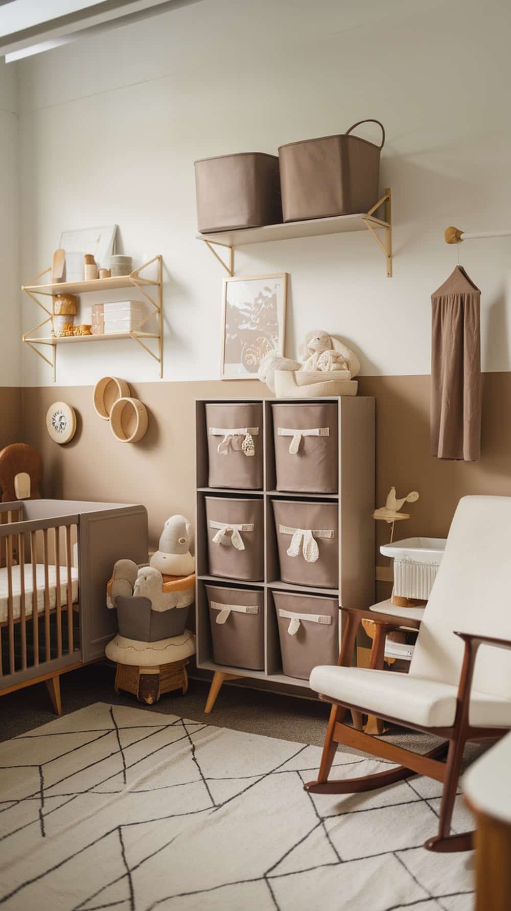 A stylish nursery featuring taupe storage solutions, soft furnishings, and a cozy atmosphere.